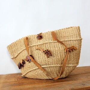 Vintage 90s Noah’s Ark Sisal Market Bag Leather Strap Animal Tote